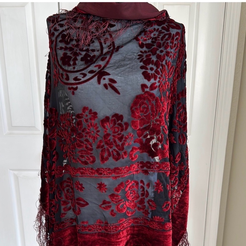 Unique Vintage Silk Burgundy and Black Floral Scarf